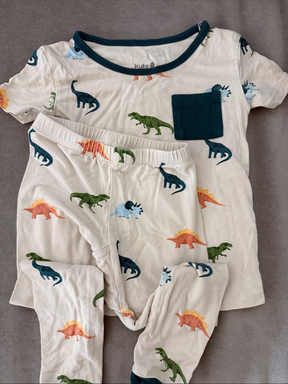 Kyte BABY White Dinosaur Pajama Set with Teal Pocket
